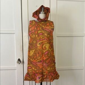 VINTAGE Mod Psychedelic Dress + Bonnet Cap Set – Semi-Sheer, No Stretch